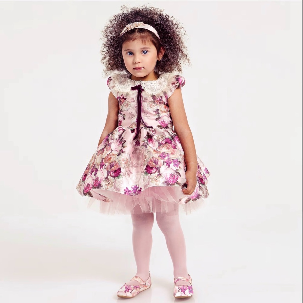 Girls Pink Floral Lace Collar Party Dress